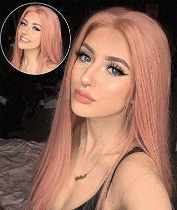 Picture of Zenith Classic Pink Lace Front Wigs for Party Fashion Cute Baby Pink Long Wavy Hair Synthetic Beautiful Wig for Women Mixed Color Pastel Pink Wig Light Purple & Orange Fiber 24 inches