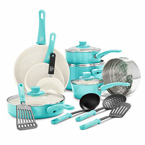 Picture of GreenLife Soft Grip Healthy Ceramic Nonstick, Cookware Pots and Pans Set, 16 Piece, Turquoise