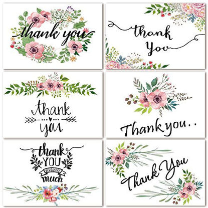 Picture of Thank You Cards with Envelopes 48 Bulk Boxed Set, Floral Watercolor Thank You Notes Cards for Wedding, Baby Shower, Bridal Shower, Anniversary, 6 Design 4 x 6 inch Thank U NoteCards Blank Inside