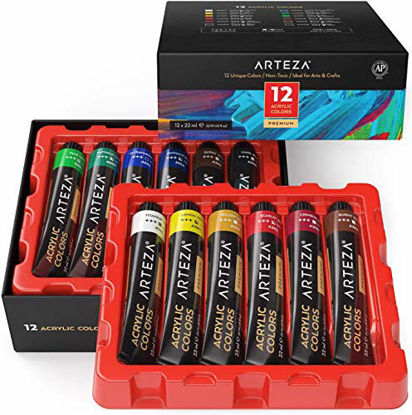 Picture of Arteza Acrylic Paint, Set of 12 Colors/Tubes (22 ml/0.74 oz) with Storage Box, Rich Pigments, Non Fading, Non Toxic Paints for Artist, Hobby Painters & Kids, Art Supplies for Canvas Painting