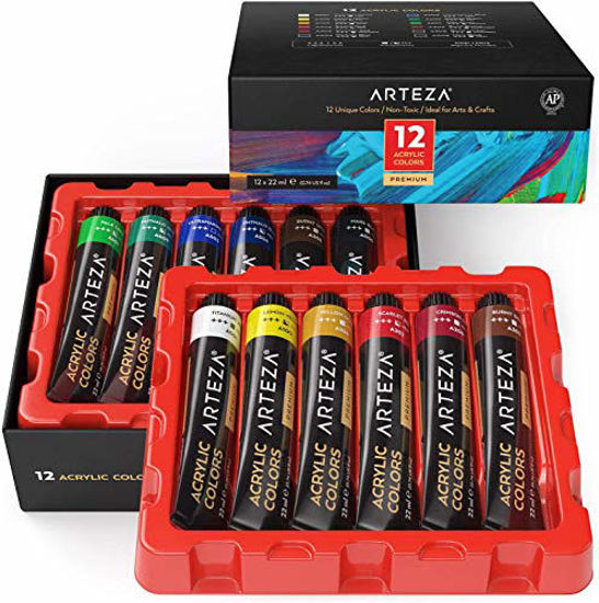 GetUSCart- Arteza Acrylic Paint, Set of 12 Colors/Tubes (22 ml/0.74 oz)  with Storage Box, Rich Pigments, Non Fading, Non Toxic Paints for Artist,  Hobby Painters & Kids, Art Supplies for Canvas Painting
