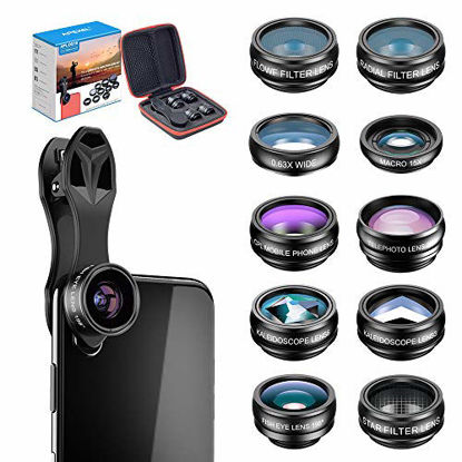 Picture of Apexel 10 in 1 Phone Camera Lens Kit Wide Angle/Macro/Fisheye/Telephoto/CPL/Flow/Radial/Star Filter/Kaleidoscope Lens for iPhone and Most Phone