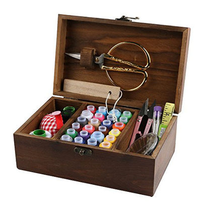 Picture of MissLytton Sewing Kit Box Basket, Wooden Hand Home Sewing Repair Tool Kit, Beginner Universal Sew Kit Accessories for Women, Men, Adults, Girls, Kids (Retro Dandelion)