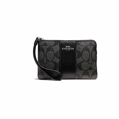 Picture of Coach F58035 Corner Zip Wristlet in Signature Coated Canvas with Leather Stripe Black Smoke - Black