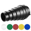 Picture of Neewer Medium Aluminium Alloy Conical Snoot Kit with Honeycomb Grid and 5 Pieces Color Gel Filters for Bowens Mount Studio Strobe Monolight Photography Flash Light