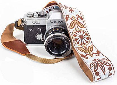 Picture of White Woven Vintage Camera Strap for All DSLR Camera. Embroidered Elegant Universal Neck & Shoulder Strap, Floral Pattern, Stocking Stuffer for Men & Women Photographers