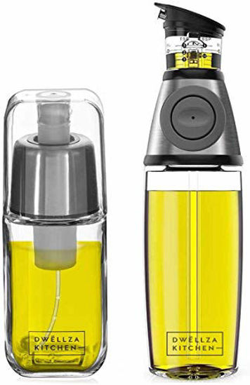 Picture of DWËLLZA KITCHEN Olive Oil Dispenser Bottle and Olive Oil Sprayer Mister for Cooking Set - Oil Spray Bottle 6 OZ and Glass Oil Bottle 17 OZ with Measurements Drip-Free Spout Stainless Steel