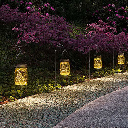 Picture of GIGALUMI Hanging Solar Mason Jar Lights, 6 Pack 30 Led String Fairy lights Solar Lanterns Table Lights, 6 Hangers and Jars included. Great Outdoor Lawn Decor for Patio Garden, Yard and Christmas Décor