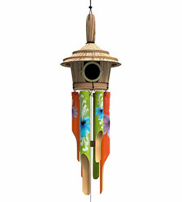 Picture of Nalulu House Bamboo Wind Chime - Outdoor Wood Wooden Painted Design with Birdhouse Crown, 40" & Relaxation Ready