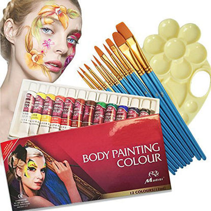 Picture of Face Paint Kit,12 Colors Professional Face Painting Tubes, Non-Toxic & Hypoallergenic Body Paint Halloween Makeup, Rich Pigment, Come with 10Pieces Round Pointed Tip Nylon Hair Brush and Palette