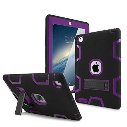 Picture of iPad 2 Case,iPad 3 Case,iPad 4 Case, AICase Kickstand Shockproof Heavy Duty High Impact Resistant Rugged Hybrid Three Layer Armor Full Body Protection Case with Stylus for iPad 2/3/4 (Black/Purple)