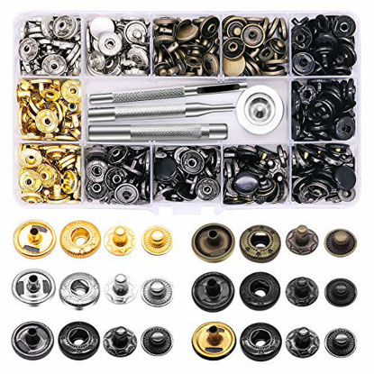 Picture of 120 Set Leather Snap Fasteners Kit, 12.5mm Metal Button Snaps Press Studs with 4 Setter Tools, 6 Color Leather Snaps for Clothes, Jackets, Jeans Wears, Bracelets, Bags