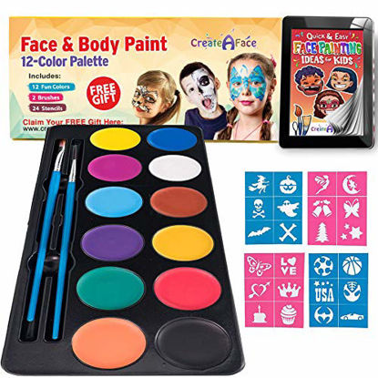 Picture of Face Paint Kit for Kids - Vibrant Face Painting Colors, Stencils & 2 Cosmetic Brushes - Body Paint Face Painting Kits - Video Tutorials & eBook - Fun, Easy to Use, Non-Toxic & Safe (12-Color Palette)