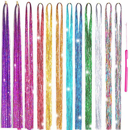Picture of Xinxinshuyu Hair Tinsel with Tools 12 Colors 2880 Strands in Set Sparkling Shiny Hair Tinsel Extensions Colored Party Highlights Glitter Extensions Multi-Colors Hair Streak Bling (12 Colors, 45")