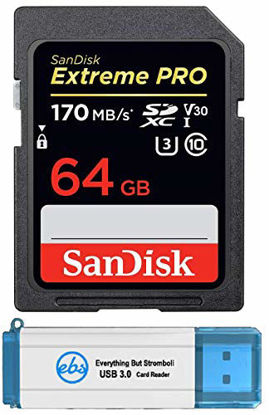 Picture of SanDisk 64GB SDXC SD Extreme Pro Memory Card Bundle Works with Nikon D3500, D7500, D5600 Digital DSLR Camera 4K V30 U3 (SDSDXXY-064G-GN4IN) Plus (1) Everything But Stromboli (TM) 3.0 SD/Micro Reader