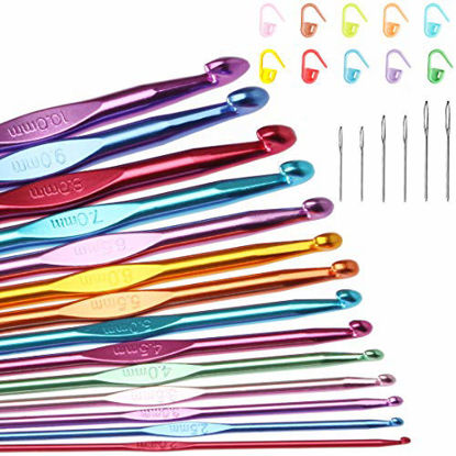 Picture of 14 Sizes Crochet Hooks Set Multi-Color Metallic Plated, Tomorotec Art Aluminum Knitting Needles for Yarn Craft Set with Stitch Markers and Big Eye Needles