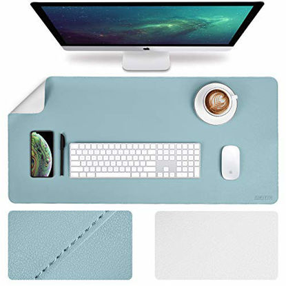 Picture of EMINTA Large Desk Pad Protector, 2019 Upgrade Stitched Edge 35.4 x 17Inch PU Leather Desk Mat, Gaming Mouse Pad, Waterproof Desk Blotter Pad, Double Sides Laptop Pad(Light Blue/Sliver)