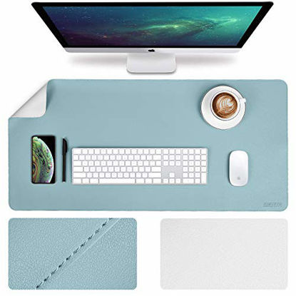 GetUSCart EMINTA Large Desk Pad Protector 2019 Upgrade Stitched Edge 35.4 x 17Inch PU Leather Desk Mat Gaming Mouse Pad Waterproof Desk Blotter Pad Double Sides Laptop Pad Light Blue Sliver