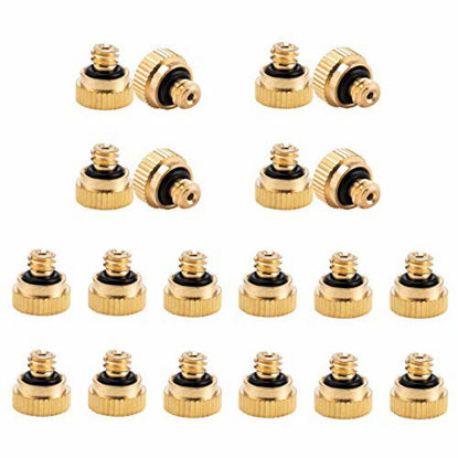 Picture of 20 Pack Brass Misting Nozzles Replacement Heads, Low Pressure Atomizing Misting Sprayer for Patio Lawn, Landscaping, Dust Control, Outdoor Cooling Mister System, 0.016"(0.4mm) Orifice, 10/24 UNC
