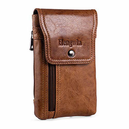 Picture of Hengwin iPhone 11 Pro Max Holster Case with Belt Clip, Genuine Leather Belt Pouch iPhone Xs Max XR Belt Case Phone Belt Holder for iPhone 7 Plus 8 Plus 6s Plus (Fits Cellphone with Case On) (Brown)