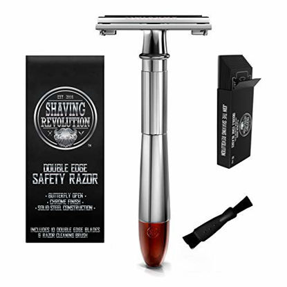 Picture of Double Edge Safety Razor - Butterfly Open Razor with 10 Japanese Stainless Steel Blades - Close, Clean Shaving Razor for Men (Silver w/Red Tip)