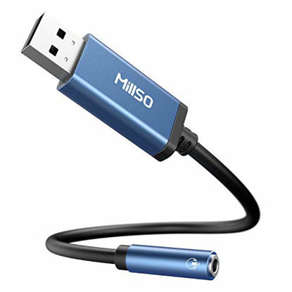 Picture of MillSO USB to 3.5mm Audio Jack Adapter, Sapphire Blue TRRS USB to AUX Audio Jack External Stereo Sound Card for Headphone, Speaker, Mac, PS4, PC, Laptop, Desktops - 1 Feet