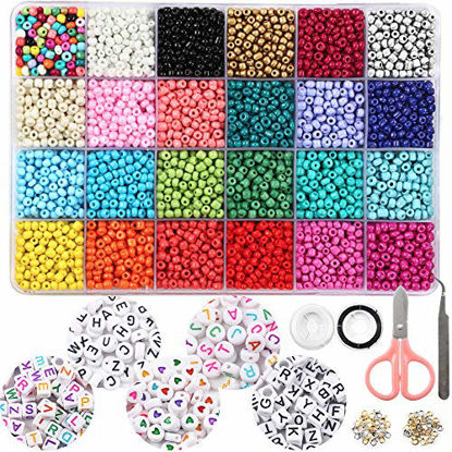 Picture of OUTUXED 7200pcs 4mm Glass Seed Beads and 300pcs Alphabet Letter Beads for Bracelets Jewelry Making and Crafts with Elastic String Cords, Tweezers and Accessories DIY Material