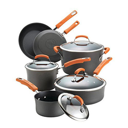 Picture of Rachael Ray Brights Hard-Anodized Aluminum Nonstick Cookware Set with Glass Lids, 10-Piece Pot and Pan Set, Gray with Orange Handles