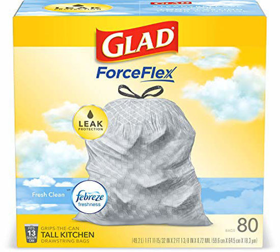 Picture of Glad ForceFlex Tall Kitchen Drawstring Trash Bags - 13 Gallon Trash Bag, Fresh Clean scent with Febreze Freshness - 80 Count (Package May Vary)