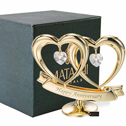 Picture of Matashi 24K Gold Plated Happy Anniversary Double Heart Figurine Ornament with Genuine Crystals (Clear Crystal) - Wedding Gift for Couples, for Husband Wife Mother Father, Cake Topper, Romantic Gifts