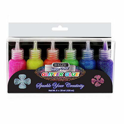 Picture of 6 Color Glitter Glue Set 20 ml Bottles - NEON Colors - Green, Orange, Pink, Yellow, Blue, and Purple (1 Unit)