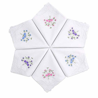 Picture of SelectedHanky Women's Cotton Handkerchiefs Flower Embroidered with Lace, Ladies Hankies 6 Pcs - Assorted