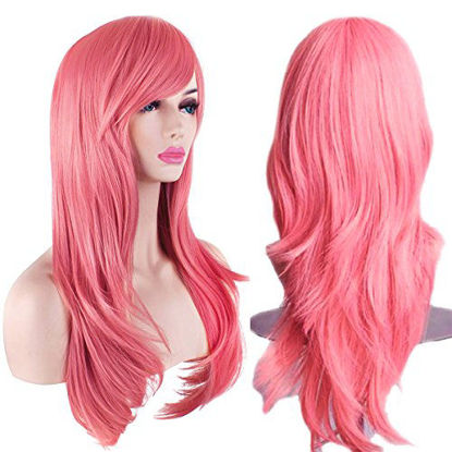 Picture of AKStore Fashion Wigs 28" 70cm Long Wavy Curly Hair Heat Resistant Wig Cosplay Wig For Women With Free Wig Cap (Pink)