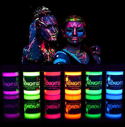 Picture of Midnight Glo Black Light Paint UV Neon Face & Body Paint Glow Kit (6 Bottles 0.75 oz. Each) - Blacklight Reactive Fluorescent Paint - Safe, Washable, Non-Toxic