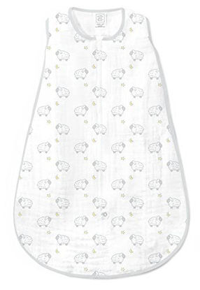 Picture of SwaddleDesigns Cotton Muslin Sleeping Sack with 2-Way Zipper, Sterling Little Lambs, Medium 6-12 Months