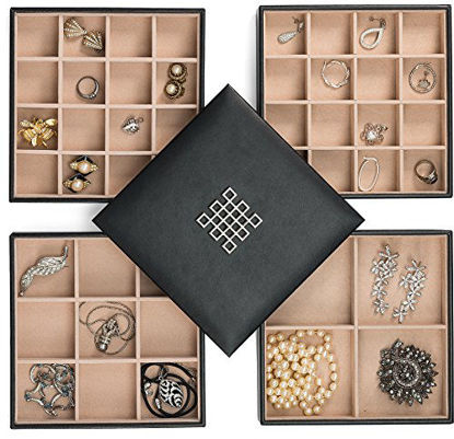 Picture of Glenor Co Earring Organizer Tray - 4 Stackable Trays with Lid -45 Slot Classic Jewelry Storage Display Case for Drawer or Dresser - Holder for Earring Ring Necklace or Cufflinks - Large Mirror - Black