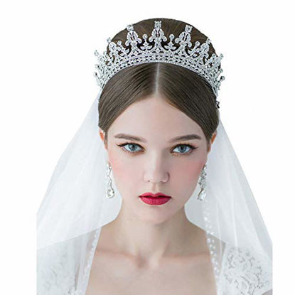 Picture of SWEETV Royal Wedding Crown CZ Crystal Pageant Birthday Tiara Bridal Headpiece Women Princess Hair Jewelry, Silver+Clear