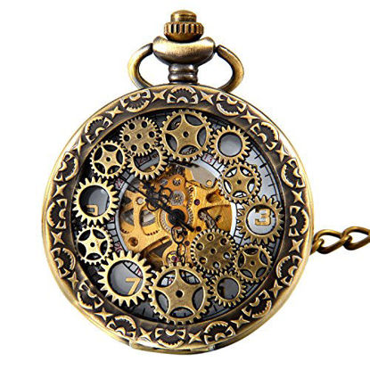Picture of Avaner Steampunk Retro Half Hunter Copper Gear Skeleton Hand Wind Mechanical Arabic Numeral Analog Display Pocket Watch with 14¡± Chain