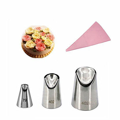 Picture of GOOTRADES 3 Pcs-Set Russian Icing Piping Nozzle Tips (No.79,402,402L) with Free Pastry Bag