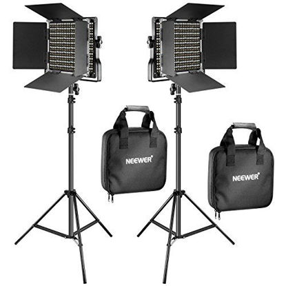 Picture of Neewer 2 Pieces Bi-color 660 LED Video Light and Stand Kit Includes:(2)3200-5600K CRI 96+ Dimmable Light with U Bracket and Barndoor and (2)75 inches Light Stand for Studio Photography, Video Shooting