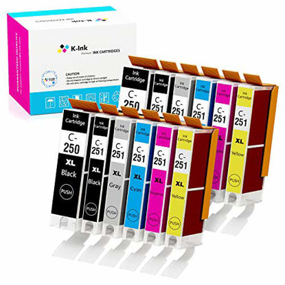 Picture of K-Ink Compatible Ink Cartridge Replacement for Canon PGI-250 CLI-251 PGI 250 CLI 251 XL (12 Pack - 2 Large Black, 2 Small Black, 2 Cyan, 2 Yellow, 2 Magenta, 2 Gray)