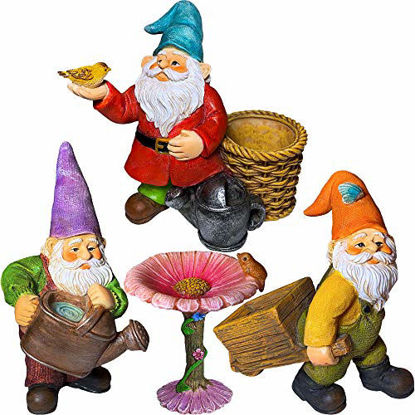 Picture of Miniature Gardening Gnomes Set of 4 pcs - 3,5" H Garden Gnome Figurines & Accessories - Kit for Outdoor or House Decor