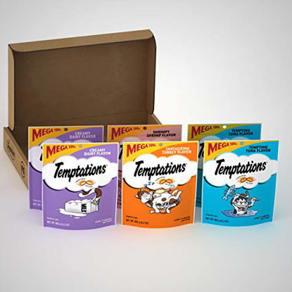 Picture of TEMPTATIONS Classic Crunchy and Soft Cat Treats Variety Pack with Creamy Dairy, Tempting Tuna, Shrimpy Shrimp, and Tantalizing Turkey Flavors, (6) 6.3 oz. Pouches