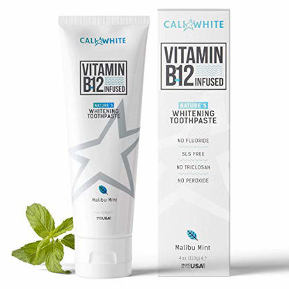Picture of Cali White VEGAN WHITENING TOOTHPASTE with VITAMIN B12, Organic Mint, Natural Whitener, Made in USA, Fluoride Free, Gluten Free, Xylitol, Best Methylcobalamin B 12 for Sublingual Absorption, Kids Safe