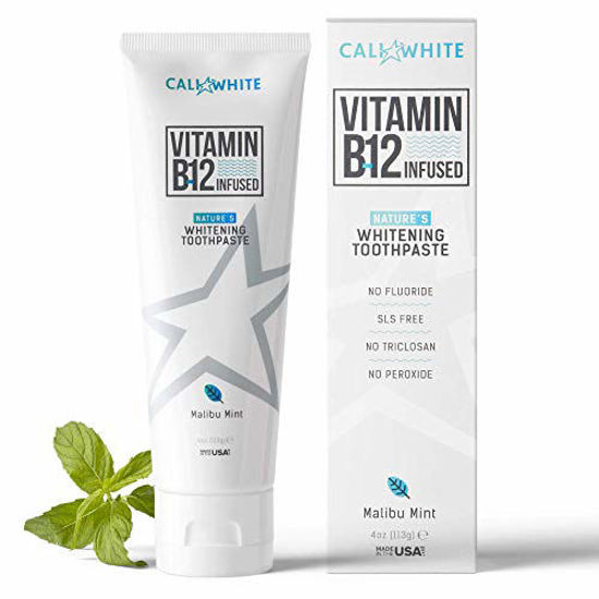 Picture of Cali White VEGAN WHITENING TOOTHPASTE with VITAMIN B12, Organic Mint, Natural Whitener, Made in USA, Fluoride Free, Gluten Free, Xylitol, Best Methylcobalamin B 12 for Sublingual Absorption, Kids Safe