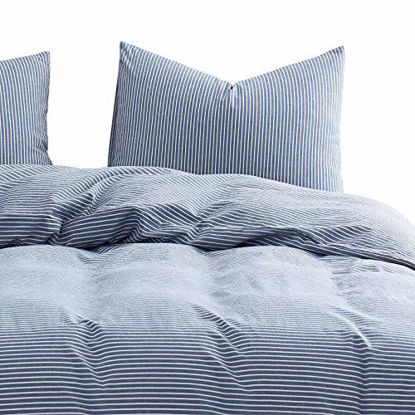 Picture of Wake In Cloud - Washed Cotton Duvet Cover Set, White Striped Ticking Pattern Printed on Navy Blue, 100% Cotton Bedding, with Zipper Closure (3pcs, King Size)