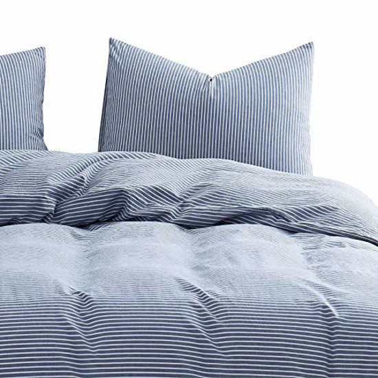Picture of Wake In Cloud - Washed Cotton Duvet Cover Set, White Striped Ticking Pattern Printed on Navy Blue, 100% Cotton Bedding, with Zipper Closure (3pcs, King Size)