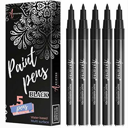 Picture of Black Paint pens for Rock Painting, Stone, Ceramic, Glass. Extra fine Point tip, Set of 5 Black Acrylic Paint Markers.
