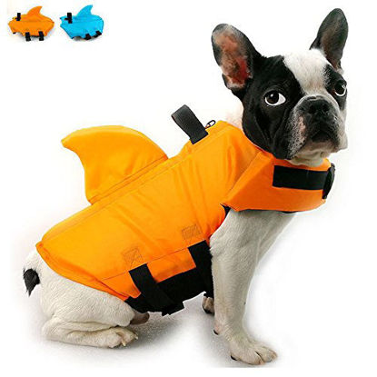 Picture of Snik-S Dog Life Jacket- Preserver with Adjustable Belt, Pet Swimming Shark Jacket for Short Nose Dog (Pug,Bulldog,Poodle,Bull Terrier) (M, Orange)