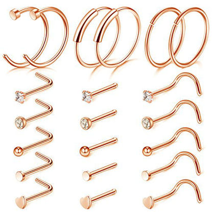 Picture of D.Bella 20G Rose Gold Nose Ring-21pcs Nose Rings Studs Nose Screws Stainless Steel Nose Rings 8mm